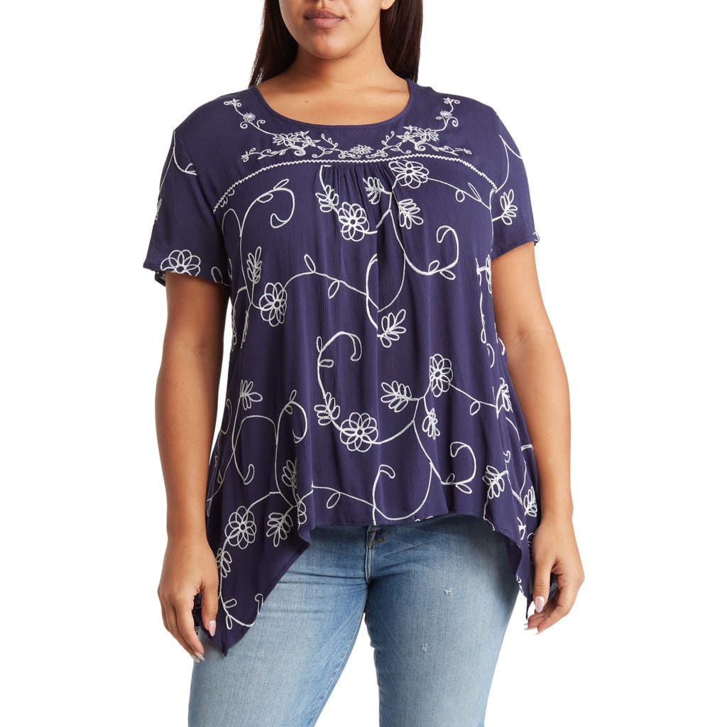 Shop Forgotten Grace Floral Embroidered Sharkbite Tunic Blouse In Navy/white