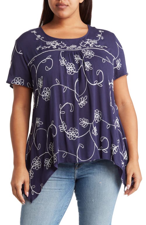 Shop Forgotten Grace Floral Embroidered Sharkbite Tunic Blouse In Navy/white