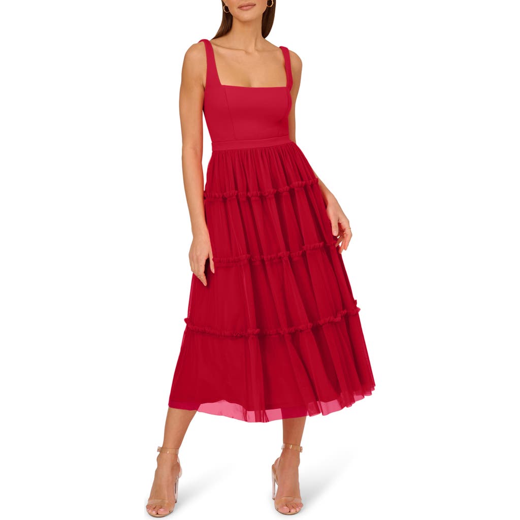 Shop Adrianna Papell Mesh Overlay Tiered Midi Cocktail Dress In Matador Red