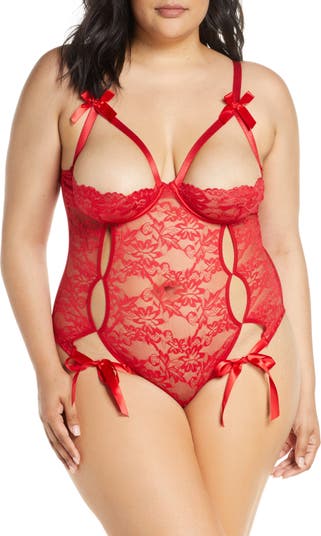 Oh La La Cheri Embroide Lace Open Cup Bra & Thong Set At Nordstrom in Red