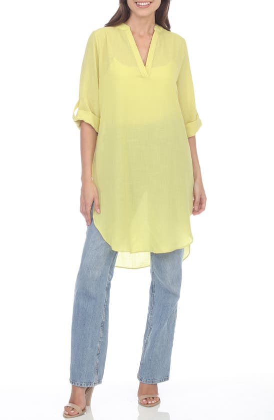 Rain And Rose Notched Neck Tunic Blouse In Yellow