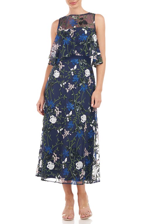 Amira Floral Lace Overlay Ruffle Trim Maxi Dress in Navy Multi