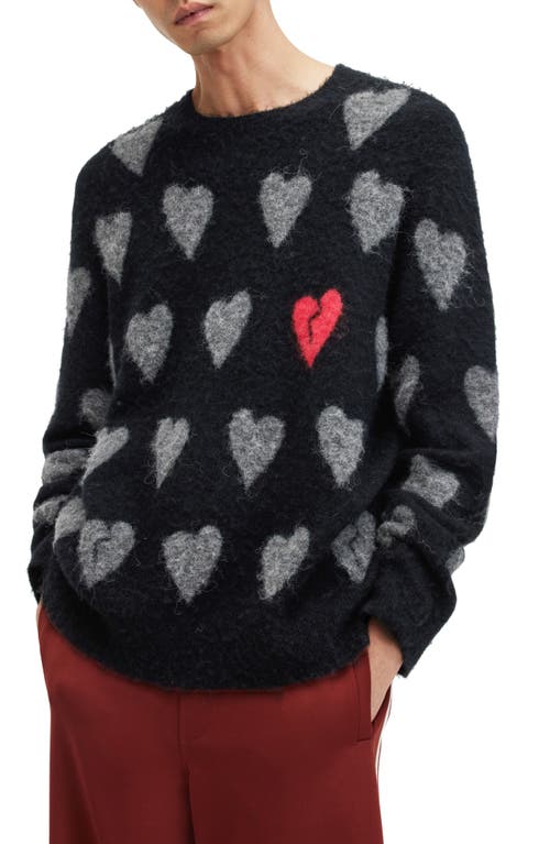 Allsaints Amore Heart Crewneck Sweater In Black/grey