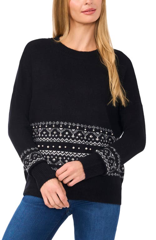 Shop Cece Embellished Fair Isle Crewneck Sweater In Rich Black