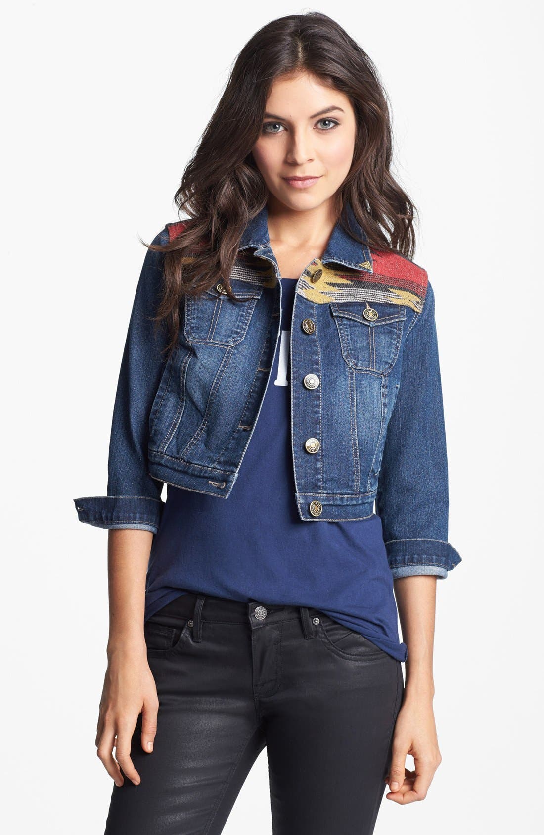 Jolt Blanket Yoke Crop Denim Jacket (Juniors) Nordstrom