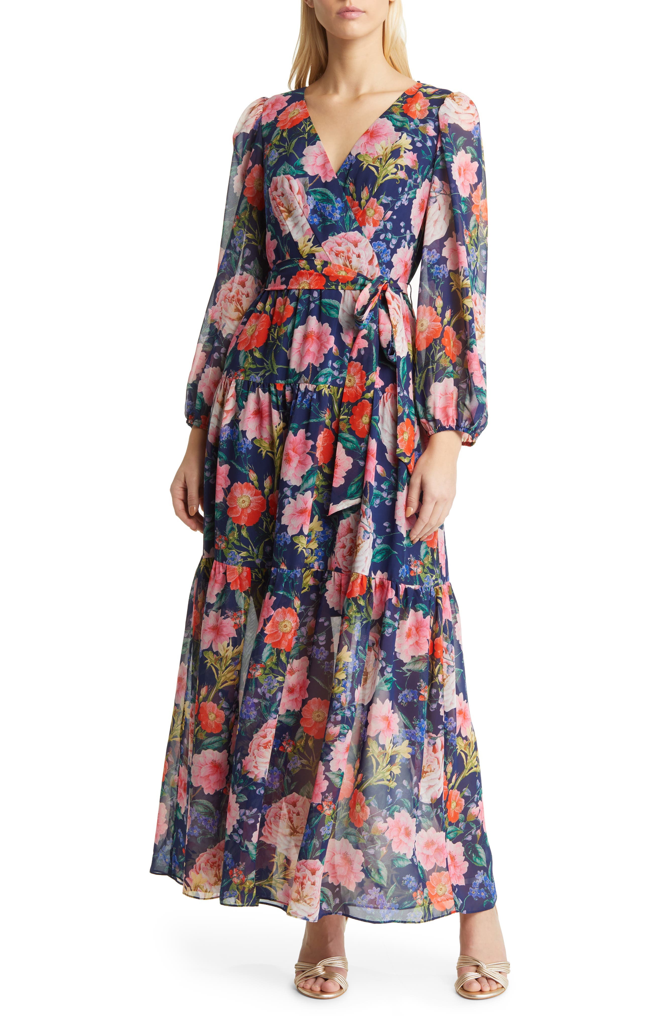 エリザジェイ レディース ワンピース トップス Floral Print V-Neck Faux Wrap Long Sleeve Maxi Dress  | teamnes.no