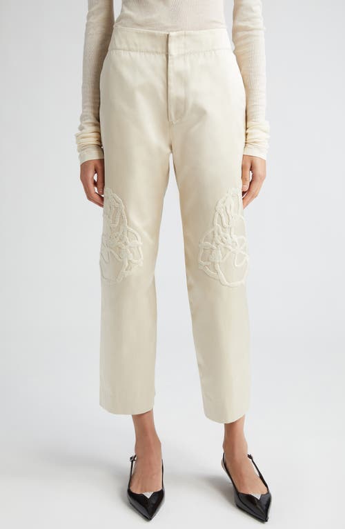 Cheval Floral Embroidered Crop Satin Straight Leg Pants in Cream