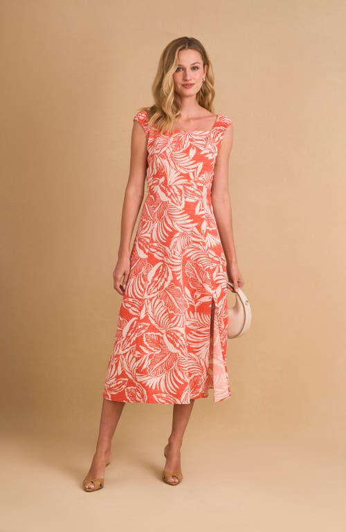 Shop Cece Leaf Print Ruched Strap Linen Blend Midi Dress In Tigerlily Red