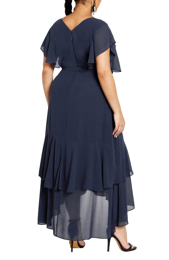 Shop City Chic Ruffle Tie Waist Tiered High-low Maxi Dress In Navy
