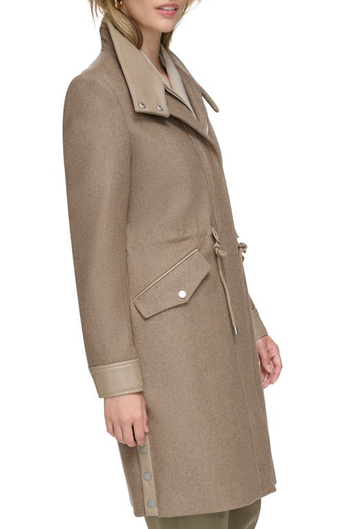 Andrew Marc Feather Leather Trim Wool Blend Coat In Mushroom