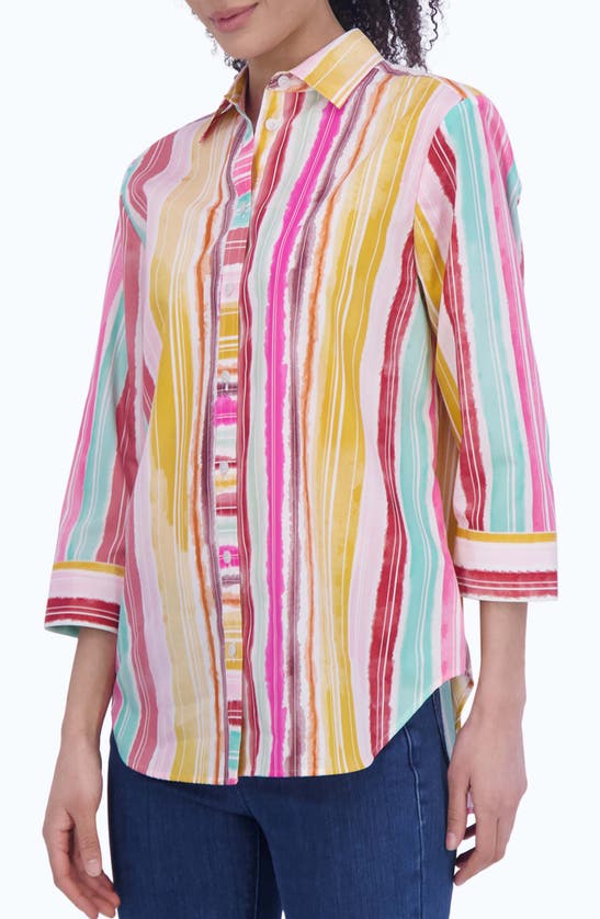 Foxcroft Watercolor Stripe Non-iron Cotton Button-up Shirt In Multi Stripe