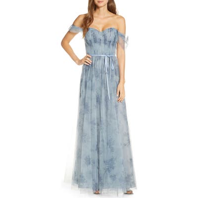 Marchesa Notte Off The Shoulder Floral Tulle Bridesmaid Gown, Blue