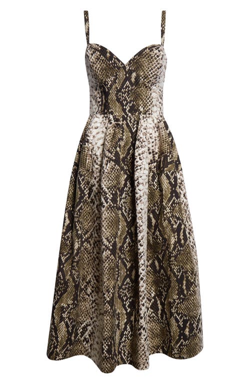 Shop Oscar De La Renta Snakeskin Print Stretch Poplin Midi Dress In Olive