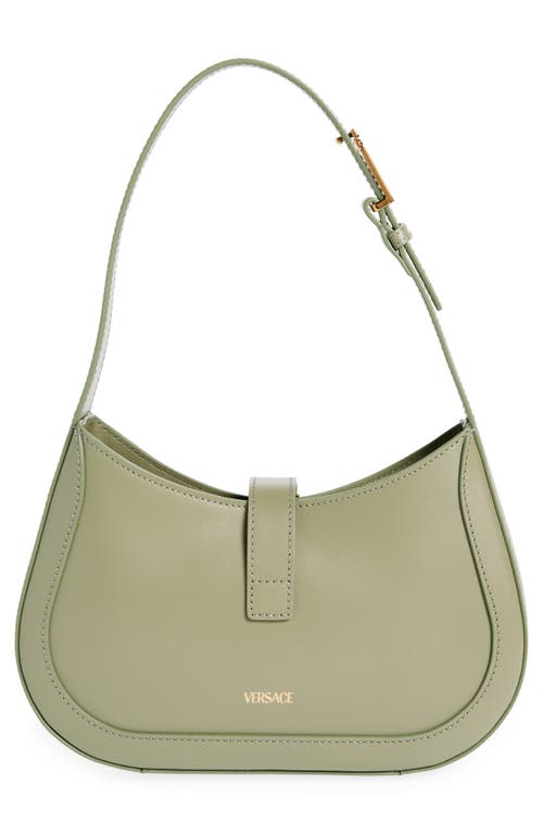 Shop Versace Small Greca Leather Hobo Bag In Taupe- Gold