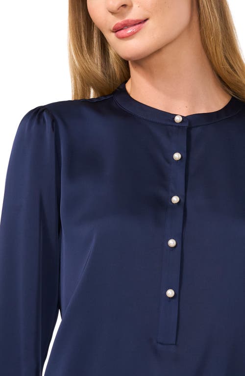 Shop Cece Pearly Button Satin Top In Classic Navy Blue