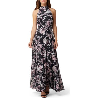 Tahari Floral Halter Neck Gown, Black