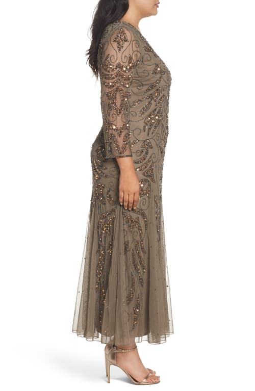 Pisarro Nights Embellished Three Quarter Sleeve Gown In Mocha