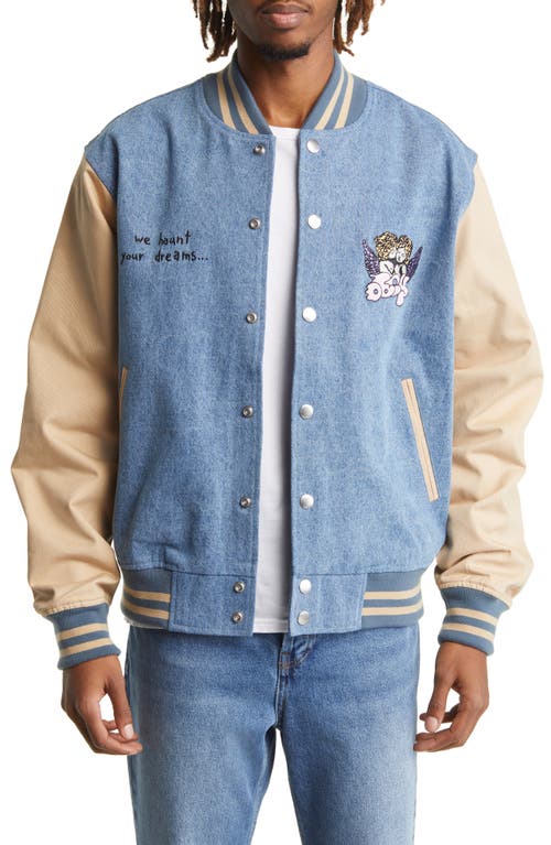 Obey Care Embroidered Denim Varsity Jacket in Light Indigo Multi-Lin |  Smart Closet