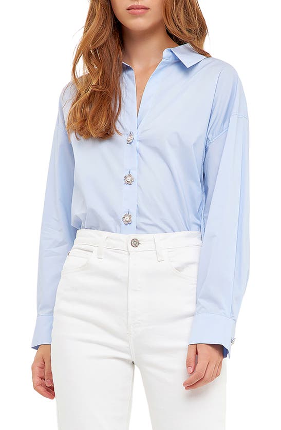 English Factory Imitation Pearl Button-up Cotton Shirt In Powder Blue