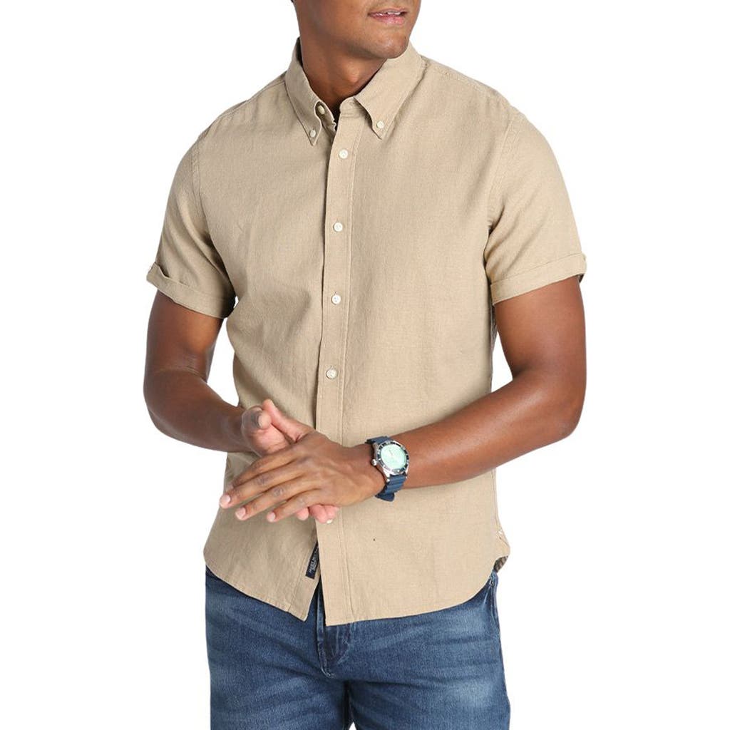 Jachs Noho Short Sleeve Linen Blend Button-down Shirt In Tan