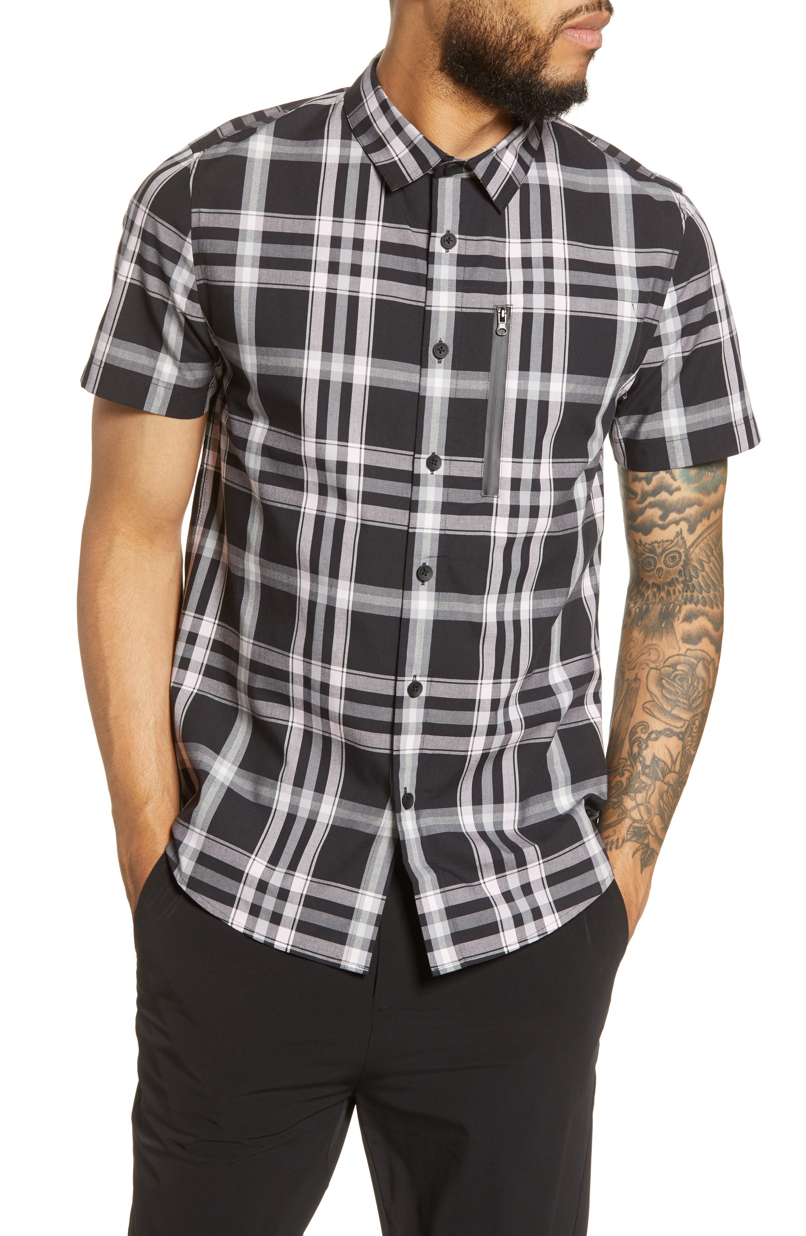 River Stone Slim Fit Plaid Short Sleeve Button-Up Sport Shirt, Black