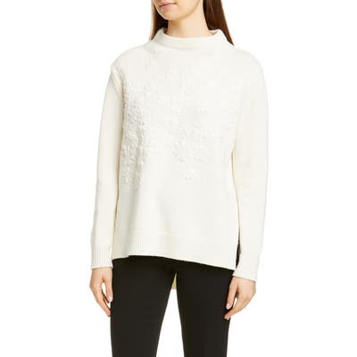 Lela Rose Embroidered Floral Wool & Cashmere Sweater, Ivory