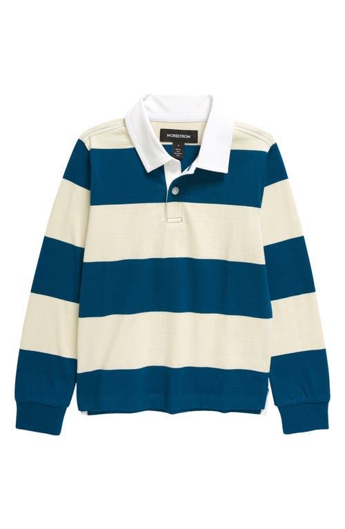 Nordstrom Kids' Rugby Stripe Long Sleeve Polo in Teal Moroccan- Ivory Stripe