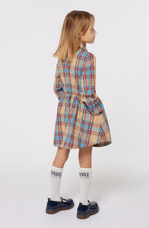 Shop Kenzo Kids' Long Sleeve Plaid Cotton Shirtdress In Sand