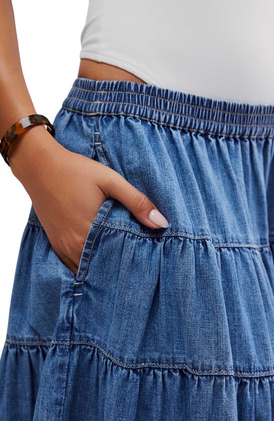 Shop Free People Chambray Tiered Midi Skirt In Cool Blue