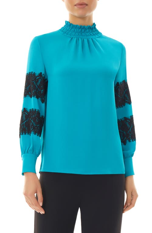 Ming Wang Lace Trim Mock Neck Crepe Blouse in Bright Teal/Black