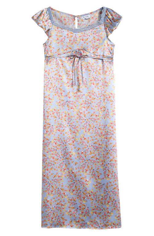 Love, Fire Kids' Floral Puff Sleeve Satin Maxi Dress in Zen Blue Ditsy 