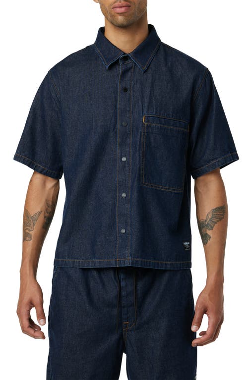 Crop Short Sleeve Denim Snap Front Shirt in Dark Chambray