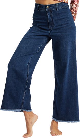 Frayed hem stretch wide-leg jean