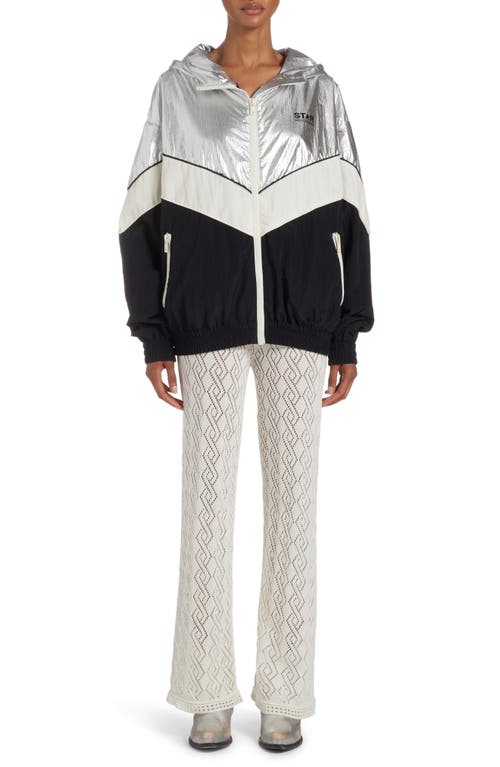 Shop Golden Goose Patchwork Hoodie Windbreaker In Silver/dark Papyrus/black