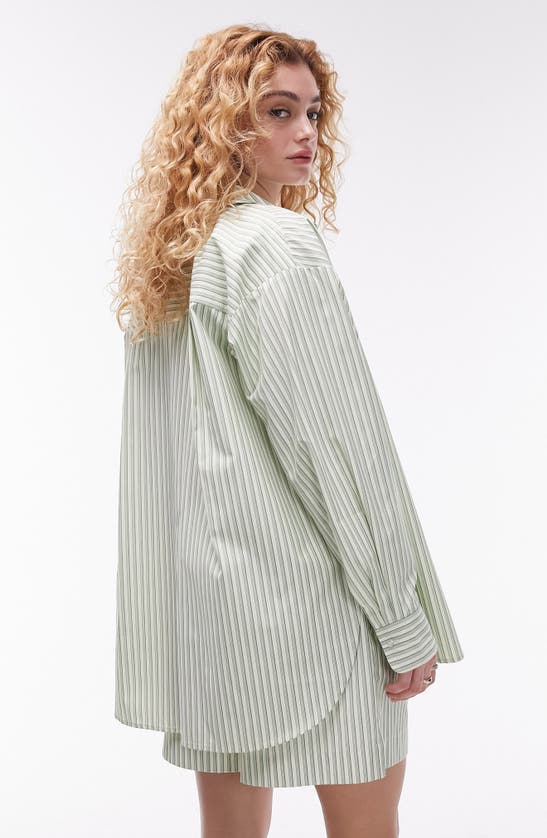 Shop Topshop Oversize Stripe Cotton Button-up Shirt In Green Multi