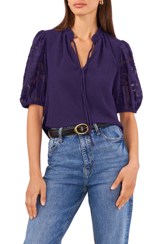 Vince Camuto Floral Sleeve Tie Neck Blouse In Estate Blue