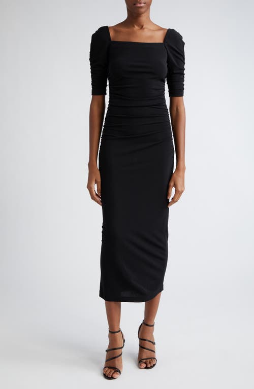 Ruched Square Neck Knit Body-Con Midi Dress in Black