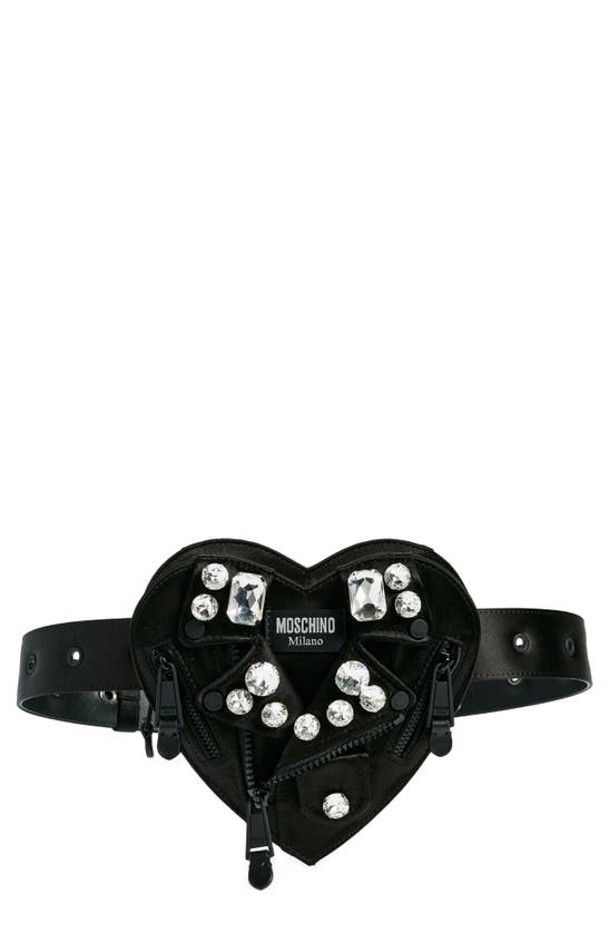 Moschino Heart Biker Crystal Embellished Satin Belt Bag In Fantasy Print Black