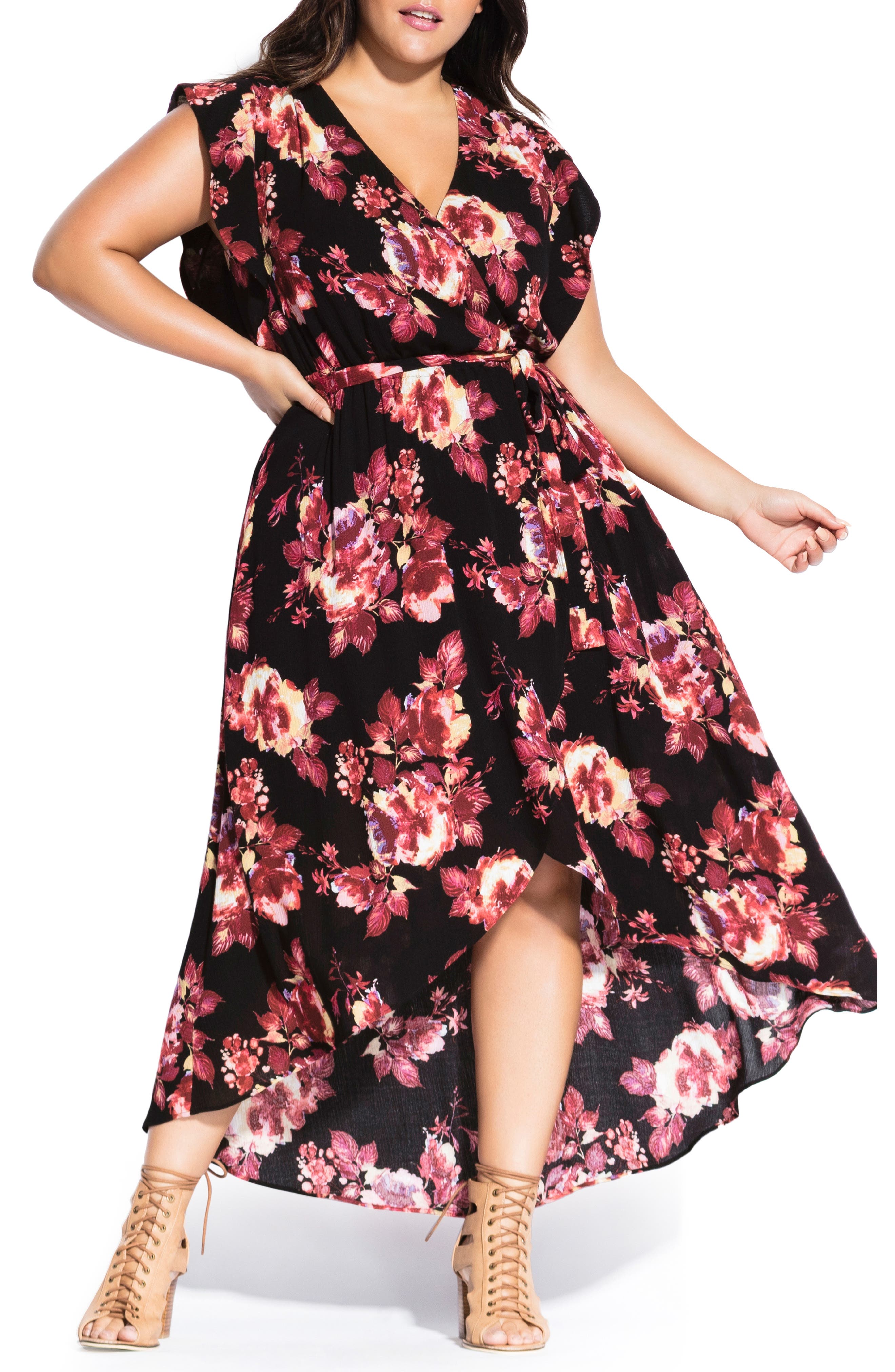 Plus Size City Chic Monet Rose Faux Wrap Maxi Dress, Black
