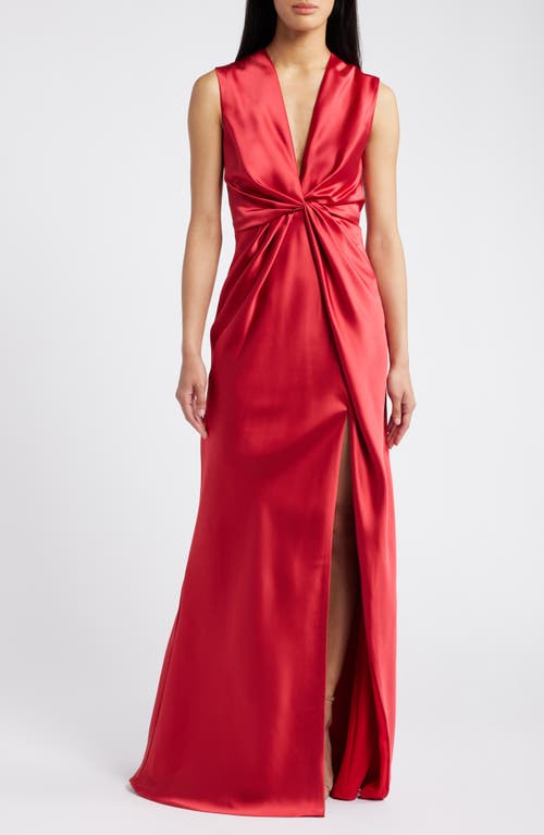 Shop Amsale Twist Front Satin V-neck Gown In Lipstick Red