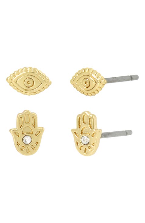 Set of 2 Crystal Hamsa & Eye Stud Earrings