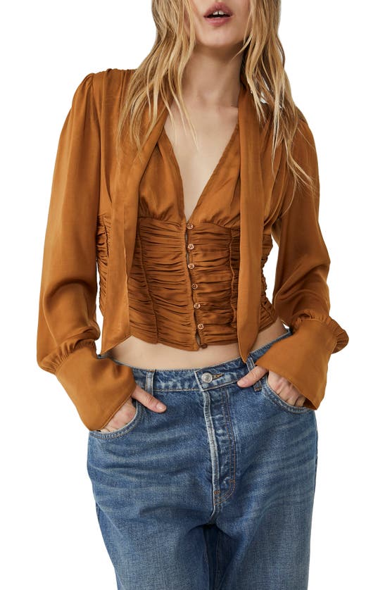 FREE PEOPLE MEET ME THERE RUCHED BUTTON-DOWN BLOUSE
