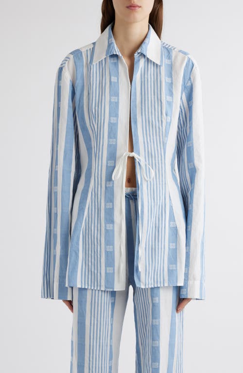 Shop Givenchy 4g Mixed Stripe Front Tie Cotton & Linen Tunic In Blue/off White