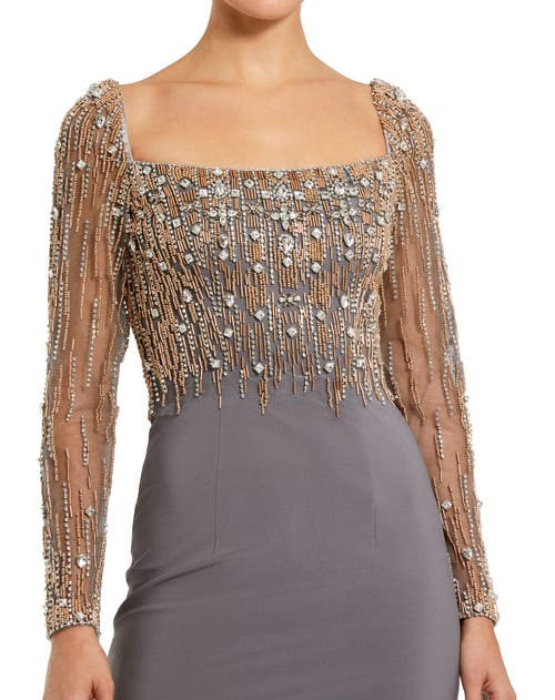 Mac Duggal Beaded Embellished Square Neck Long Sleeve Jersey Gown In Platinum Gold