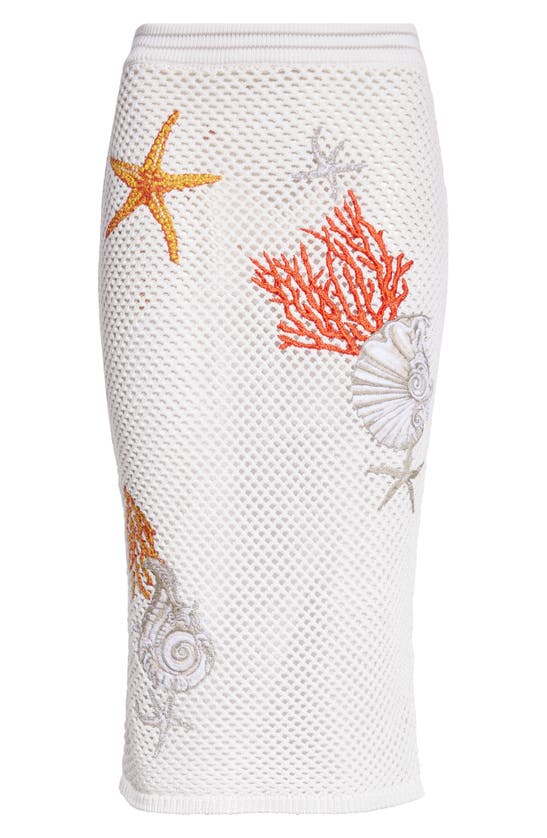 Shop Versace Coral Embroidered Open Stitch Cotton Skirt In Ivory