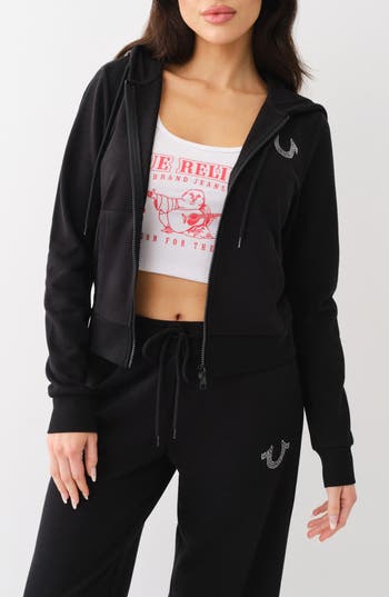 True Religion Brand Jeans Rhinestone Accent Graphic Zip-up Hoodie In Jet Black