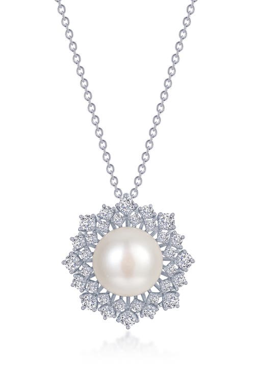 Cultured Pearl & Simulated Diamond Halo Pendant Necklace in White
