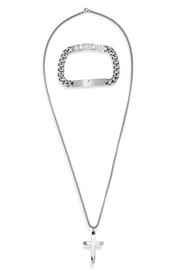 American Exchange Cross Necklace & Id Bracelet Set In Metallic