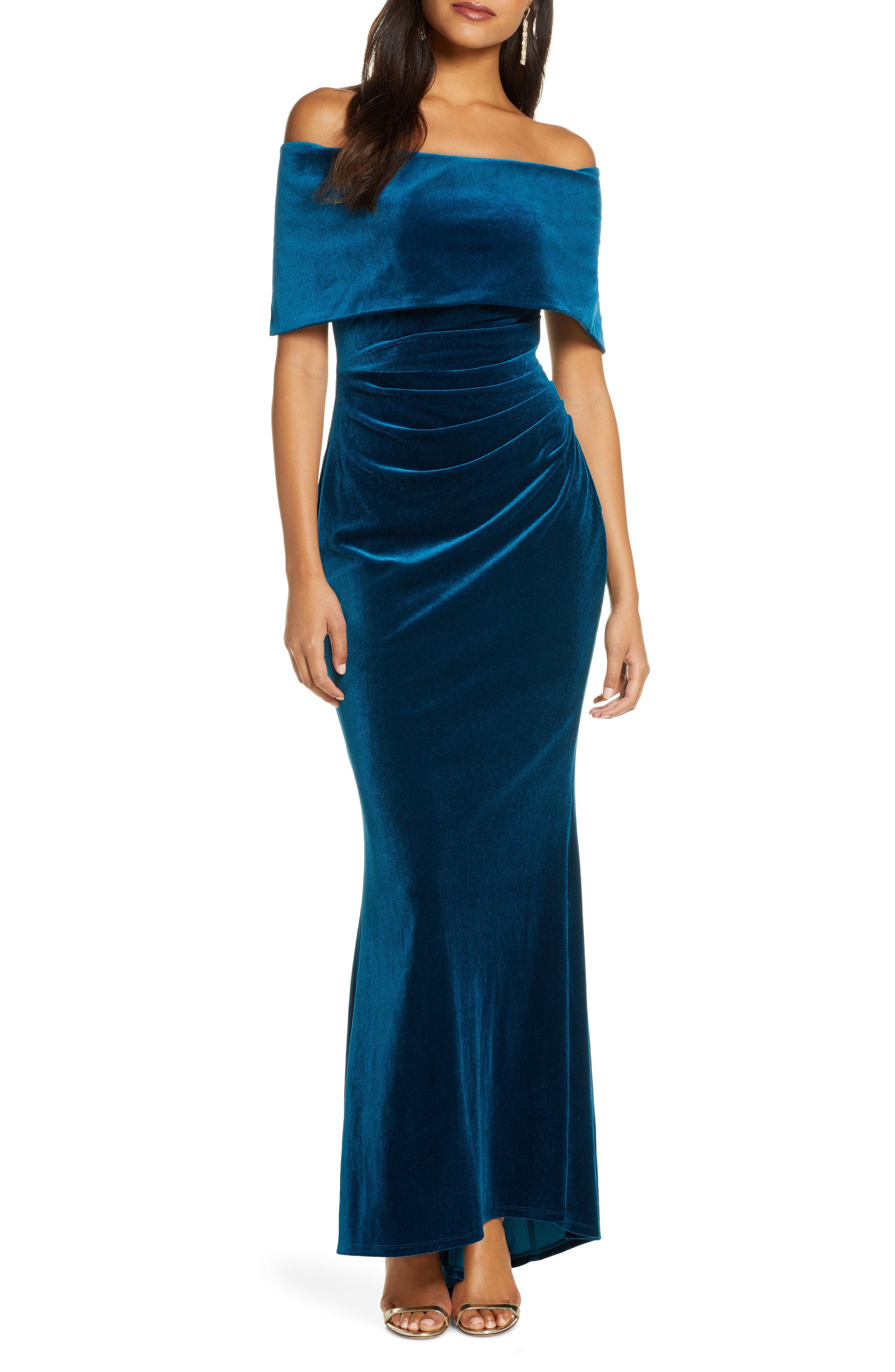 vince camuto off the shoulder velvet gown