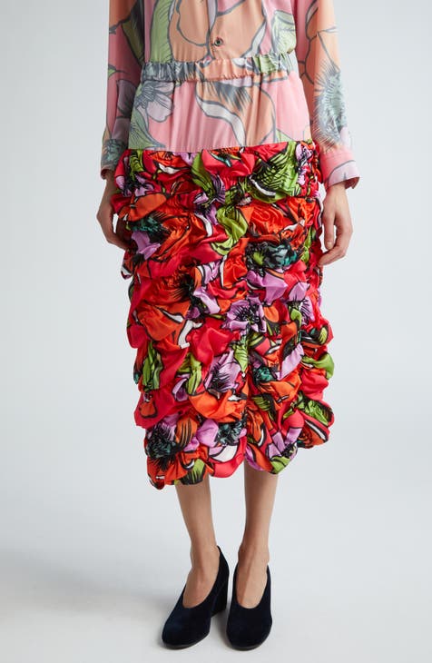 Floral Ruched Satin Midi Skirt